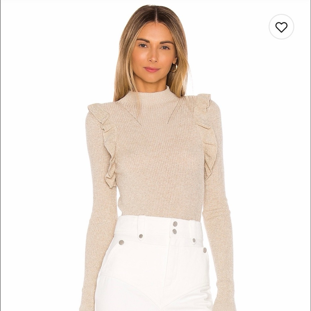 MAJORELLE - Annie Sweater - Ribbed Ruffle Shoulder Sweater Top in Beige - SZ med